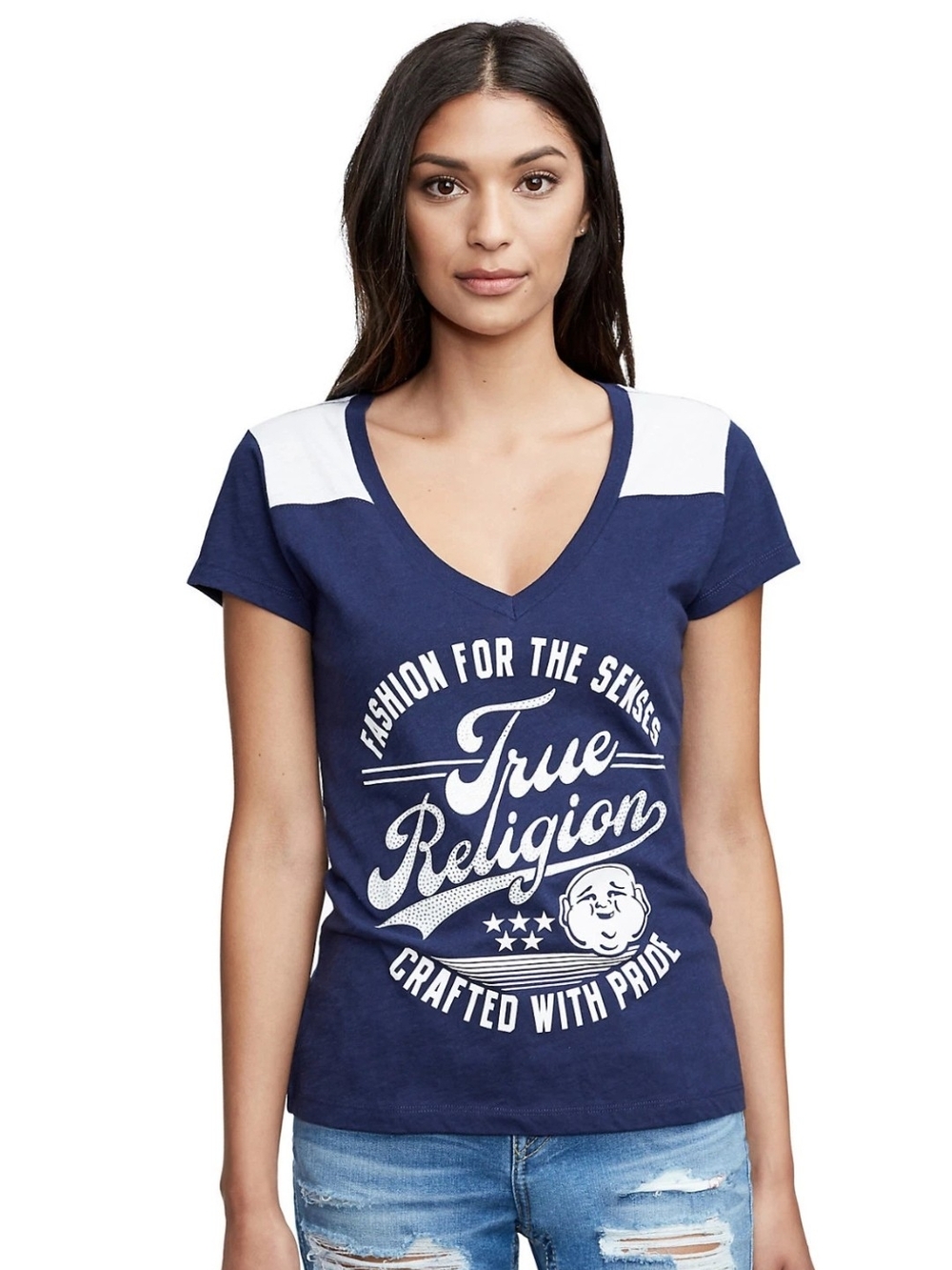 True Religion Navy and White V-Neck Graphic Tee